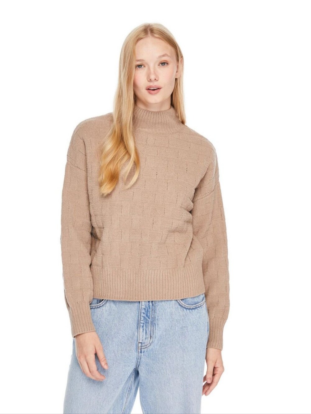 Womens Chenille Mock Neck Cable Knit Sweater